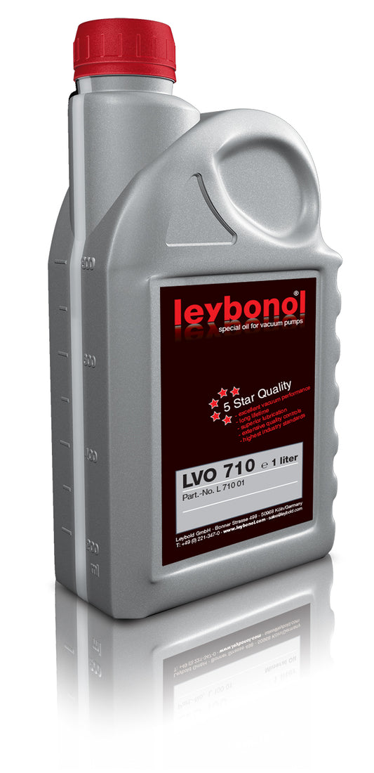 A 1-liter gray plastic container of Leybold LEYBONOL LVO 710 special oil for vacuum pumps with a red cap and a white background. The label includes "5 Star Quality" and the product identification, "LVO 710," along with additional text detailing its use.