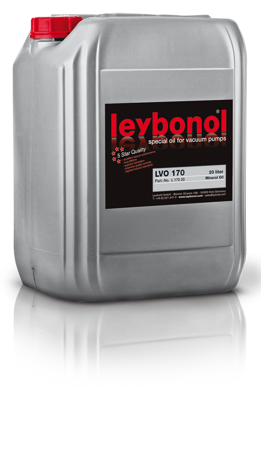 A large, gray, 20-liter container of Leybold LEYBONOL LVO 170 special oil for vacuum pumps. The container has a red and black label with product details. It is shown against a white background with a reflection beneath it.