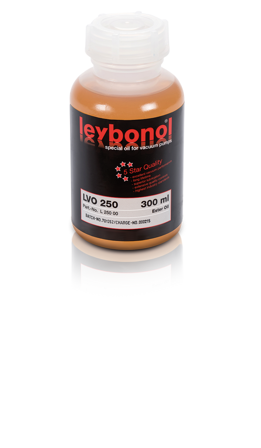 A 300 ml bottle of LEYBONOL LVO 250, Ester Oil from Leybold, designed for vacuum pumps. The bottle has a beige cap and a black label with red and white text detailing product specifications and quality ratings. The bottle is reflected on a glossy surface.