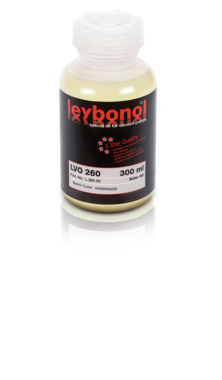 A 300 ml bottle of LEYBONOL LVO 260 vacuum pump oil by Leybold. The bottle has a black label with red and white text and graphics, indicating it is a specialized ester oil for vacuum pumps. A smaller label at the bottom shows a batch code and other product details.