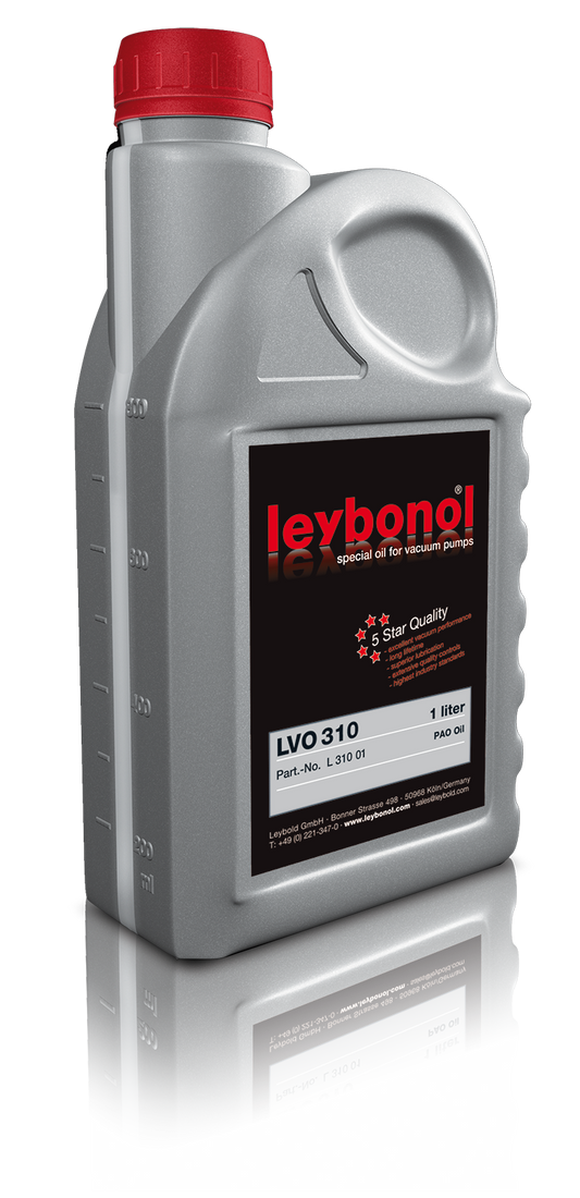 A gray plastic container of Leybold LEYBONOL LVO 310 special oil for vacuum pumps. It has a red cap and a black label with red and white text indicating "LVO 310," "5 Star Quality," and "1 liter." The container is reflected on the surface it sits on.