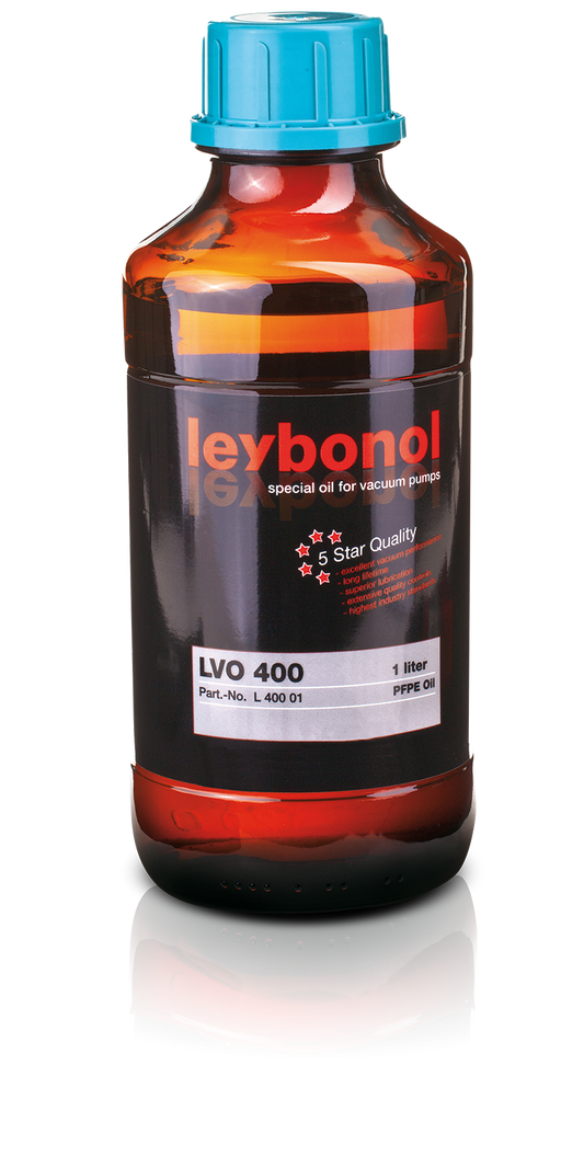 A brown bottle labeled "LEYBONOL LVO 400 by Leybold" with a blue cap. The label includes a rating of "5 Star Quality" with four filled stars and one empty star, and text reading "LVO 400, Part-No.: L 400 01, 1 liter, PFPE Oil.