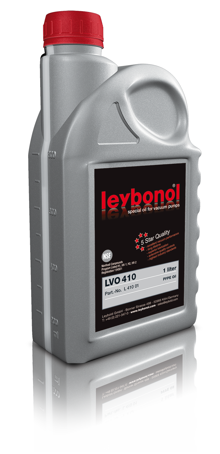 A gray plastic bottle with a red cap containing LEYBONOL LVO 410 special oil for vacuum pumps by Leybold. The label reads "LEYBONOL LVO 410, special oil for vacuum pumps, 5 Star Quality, LVO 410, 1 liter, Part-No. L410 01." The bottle is reflected on the surface below.