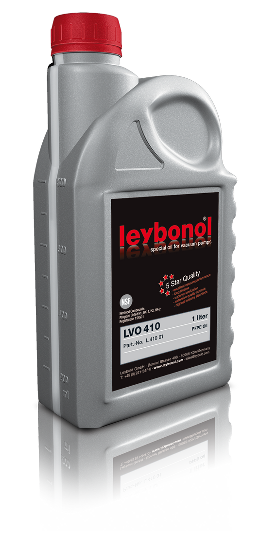 A gray plastic bottle with a red cap containing LEYBONOL LVO 410 special oil for vacuum pumps by Leybold. The label reads "LEYBONOL LVO 410, special oil for vacuum pumps, 5 Star Quality, LVO 410, 1 liter, Part-No. L410 01." The bottle is reflected on the surface below.