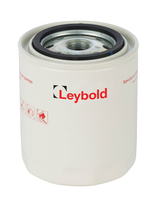 Image of a Leybold Oil Filter SOGEVAC SV 100 B, SV 120 B used for vacuum pumps. The cylindrical filter is white with red text that says "Leybold" and "Oil Filter SOGEVAC SV 100 B, SV 120 B for vacuum pumps." There are also small, red icons indicating proper use and precautions on the side.