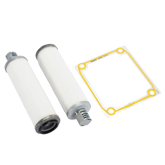 Two Leybold Replacement Filter Elements FE 40-65 and a gasket are displayed against a white background. The filters are cylindrical, with a metallic top and bottom, and a white body. The gasket is square-shaped with rounded edges and features a yellow outline.