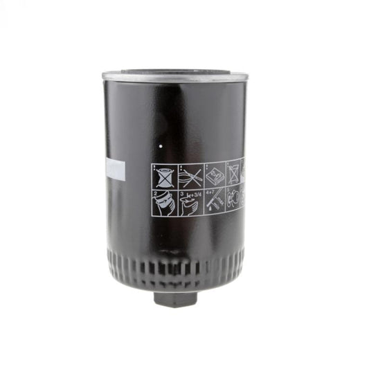 A black cylindrical Interchangeable paper filter WF 40-65 by Leybold with a ridged base. The filter has a label featuring several small icons indicating various handling and use instructions. The background is plain and white, with no other objects visible.