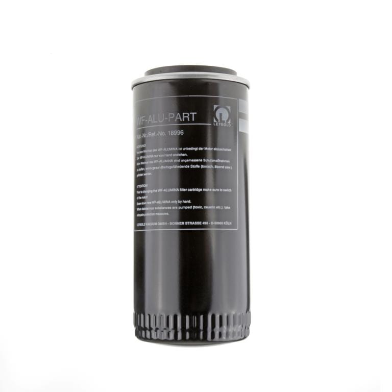 A black cylindrical filter cartridge with white and grey text, including the Leybold logo and product information, printed on its surface. The Interchangeable Alu filter WF 4-65 is displayed against a plain white background.