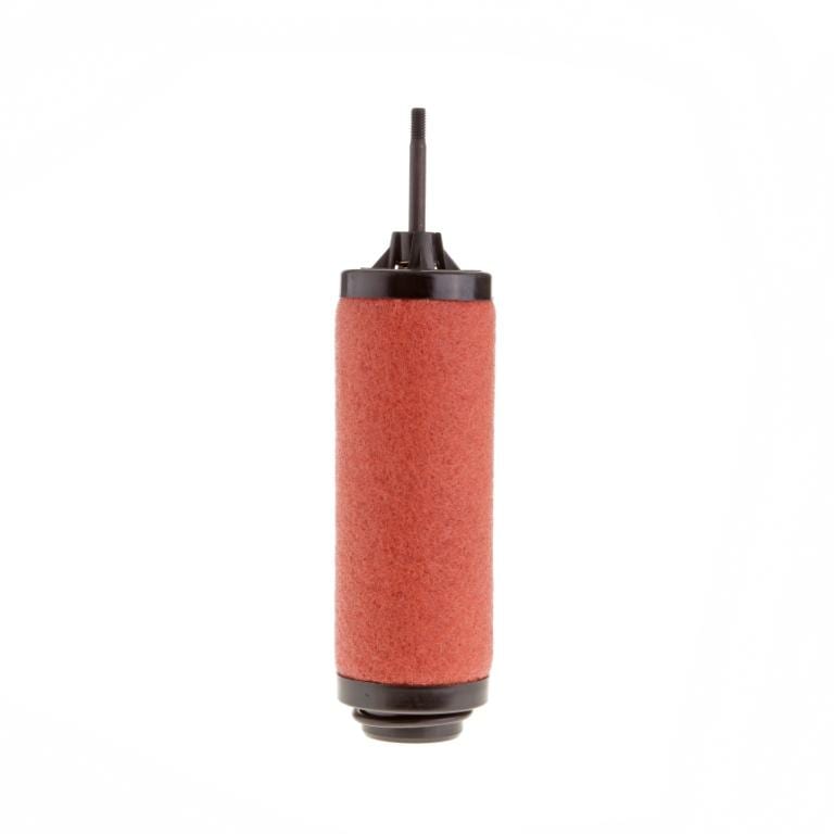 A cylindrical filter with a red body and black caps on both ends. The filter has a thin black rod protruding from the top, likely used for installation or removal. The background is plain white. The product is an **Exhaust Filter Cartridge SOGEVAC SV 16 BI / SV 25 B / SV 28 BI** by **Leybold**.