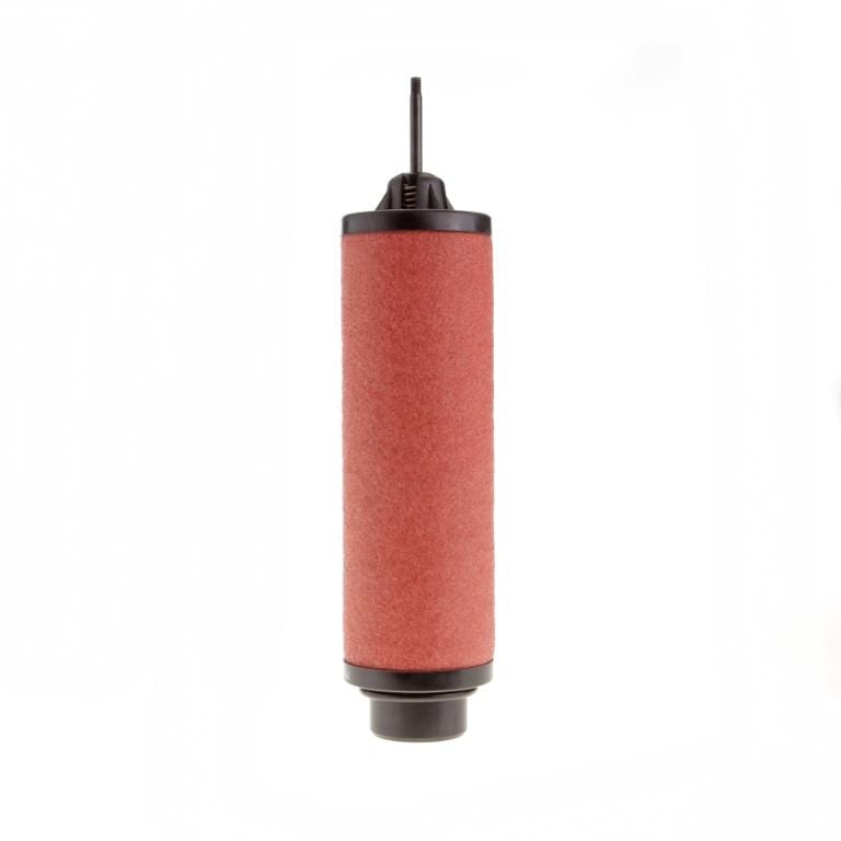 A cylindrical, red and black Exhaust Filter SV65-120 B Bi by Leybold stands vertically against a white background. The top has a small black handle, and the bottom part is slightly wider and black. The main body of the filter is covered in a red material.