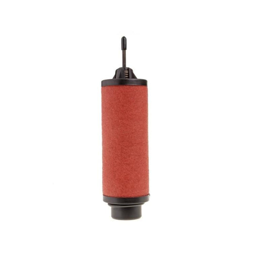 Image of a cylindrical Leybold Exhaust Filter W.By-Pass SV40 B(I) with a red filtration element, black end caps, and a black center rod extending from the top. The filter is standing upright against a white background.