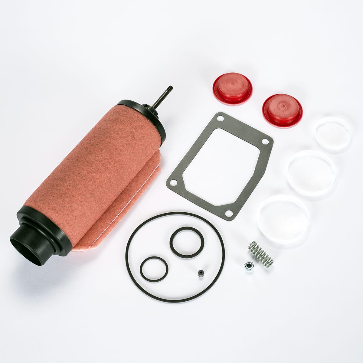 A Leybold Minor Maintenance Kit SOGEVAC SV 40 BI, consisting of various engine components such as a cylindrical fuel filter, gaskets, o-rings, two red plastic caps, three white circular gaskets, a metal gasket plate, and a small spring, arranged on a white background.