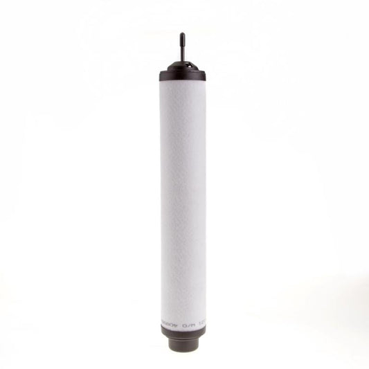 A cylindrical Exhaust Filter SV300 B to 750 B(F) by Leybold with a black top and bottom, and a white body. The top has a protruding nozzle and the bottom is a solid black base. The background is plain white.