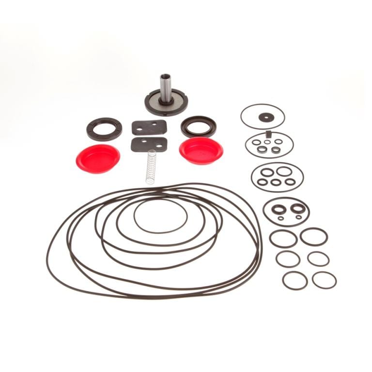 Seal Kit SOGEVAC SV 300 B - FPM by Leybold arranged in a neat layout. The set includes various sizes of O-rings, red rubber diaphragms, a metal spring, and other sealing components, all organized systematically against a white background.