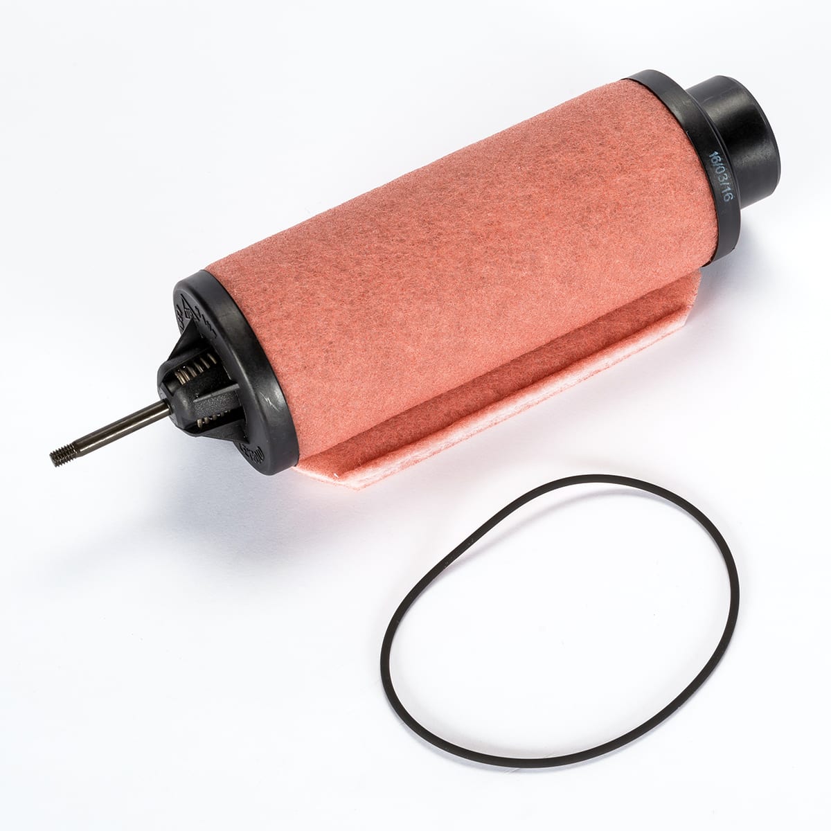 The image shows an Exhaust Filter SV 40 BI by Leybold with a pink abrasive surface and black plastic ends, one of which has a metal rod protruding from it. An O-ring is positioned next to the tool on a white background.