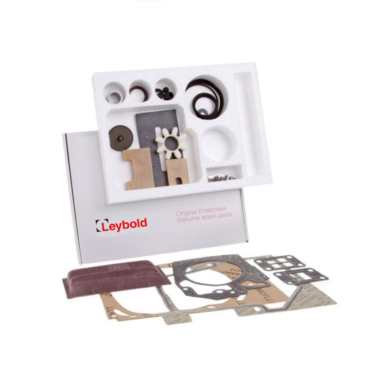 A Leybold-branded Major Maintenance Kit (excl.Oil) TRIVAC D 40 B contains various genuine spare parts nicely organized in a foam insert. In front of the kit are additional parts including gaskets, seals, and small mechanical components, all used for machinery repairs or maintenance.