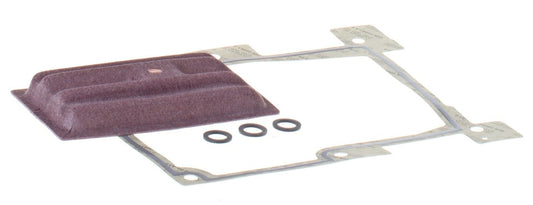 Image of a Leybold Small Maintenance Kit (excl. oil) TRIVAC S/D 40-65 B/BCS, including a rectangular metal filter, four round rubber gaskets, and a matching metal gasket. The filter has a slight indentation and appears to be made for use in automotive transmission systems.