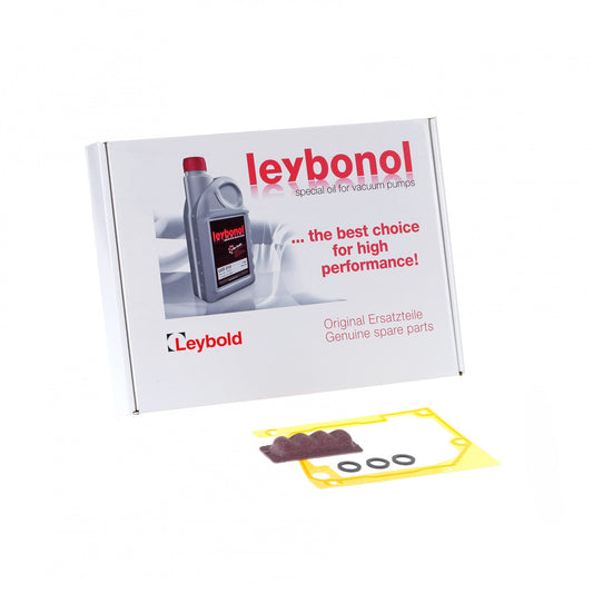 A product image of a Leybold Small Maintenance Kit (excl. oil) TRIVAC S/D 4 B. It features a cardboard box labeled "Leybonol" and "Leybold" with a picture of a bottle of oil and text reading "the best choice for high performance!" In front of the box are various spare parts and gaskets.