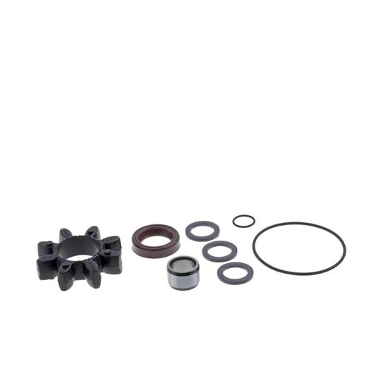 A Radial Shaft Seal Exchange Kit TRIVAC S/D16/25B by Leybold, featuring a collection of automotive seals and gaskets arranged on a white background. The kit includes rubber seals, metal rings, and gaskets of various sizes and shapes. A black cogwheel-like component is also among the parts.
