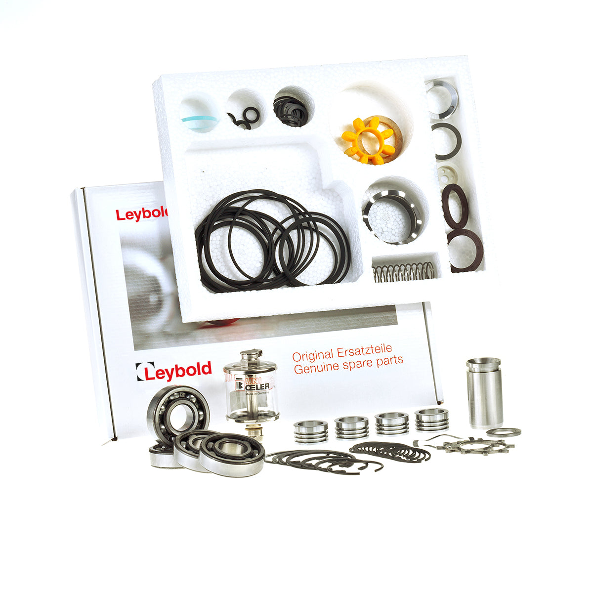 A Major Maintenance Kit WAU 251 from Leybold, including bearings, seals, O-rings, springs, and other components, arranged on foam in a white box. The box features the Leybold logo and the text "Original Ersatzteile" and "Genuine spare parts.