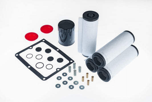 An assortment of mechanical parts is displayed, including the Leybold Maintenance Kit SV 200 BR2 with various filters, gaskets, O-rings, washers, springs, and small cylindrical components, all arranged neatly on a white background.